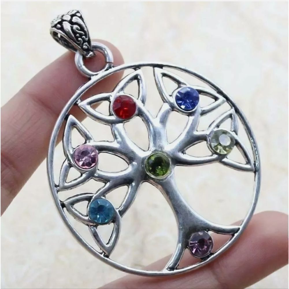 Chakra Multi 925 Silver Plated Handmade Gemstone Pendant 2.7" Jewelry